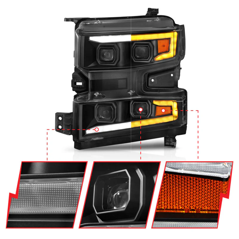 ANZO 19-22 Chevrolet Silverado 1500 LED Proj HL w/Lgt Bar SwBk Seq. Blk w/In. Light - Driver Side ON - Image 11