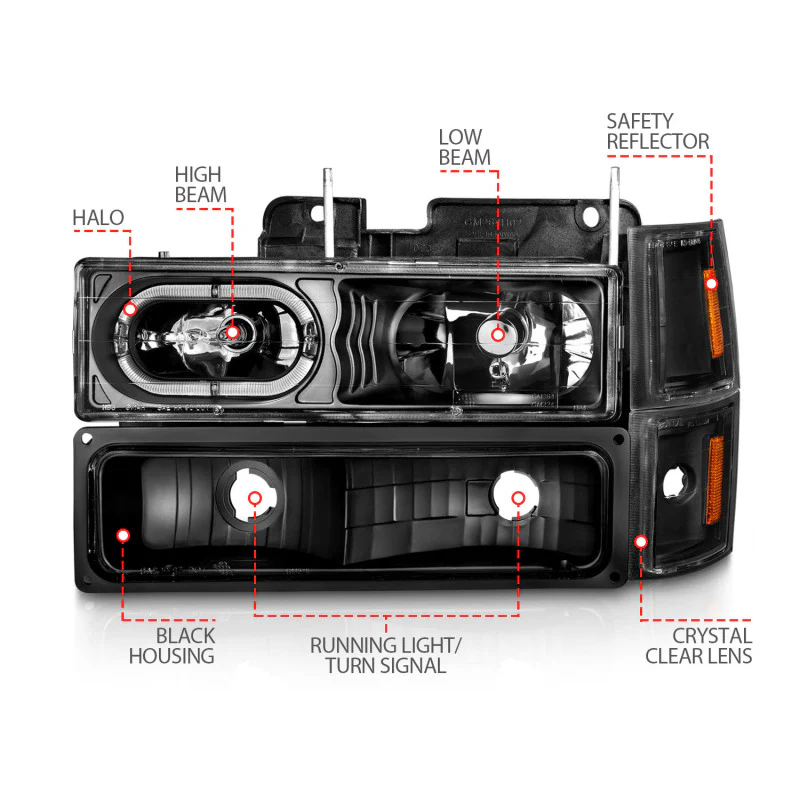 ANZO 88-98 Chevrolet C1500 Crystal Headlights Black Housing w/ Signal and Side Marker Lights - Image 4