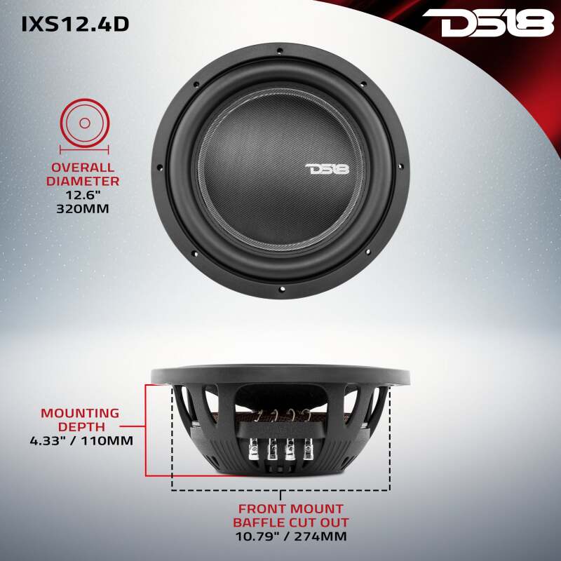 DS18 12in 800 Watts RMS 4 ohm DVC Shallow Mount Fiber Glass Subwoofer IXS Series - Image 5
