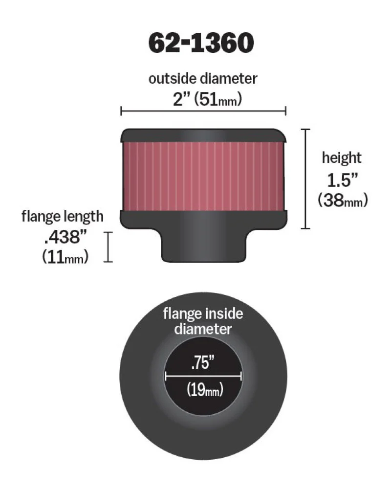 K&N 3/4 inch ID 2 inch OD 1.5 inch H Clamp On Crankcase Vent Filter - Image 11