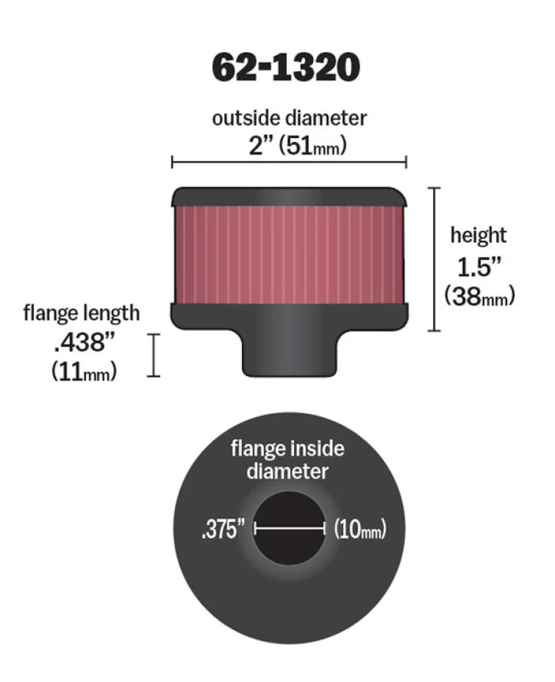 K&N Clamp On Rubber Base Crankcase Vent Filter 0.375in Flange ID x 2in OD x 1.5in Height - Image 14