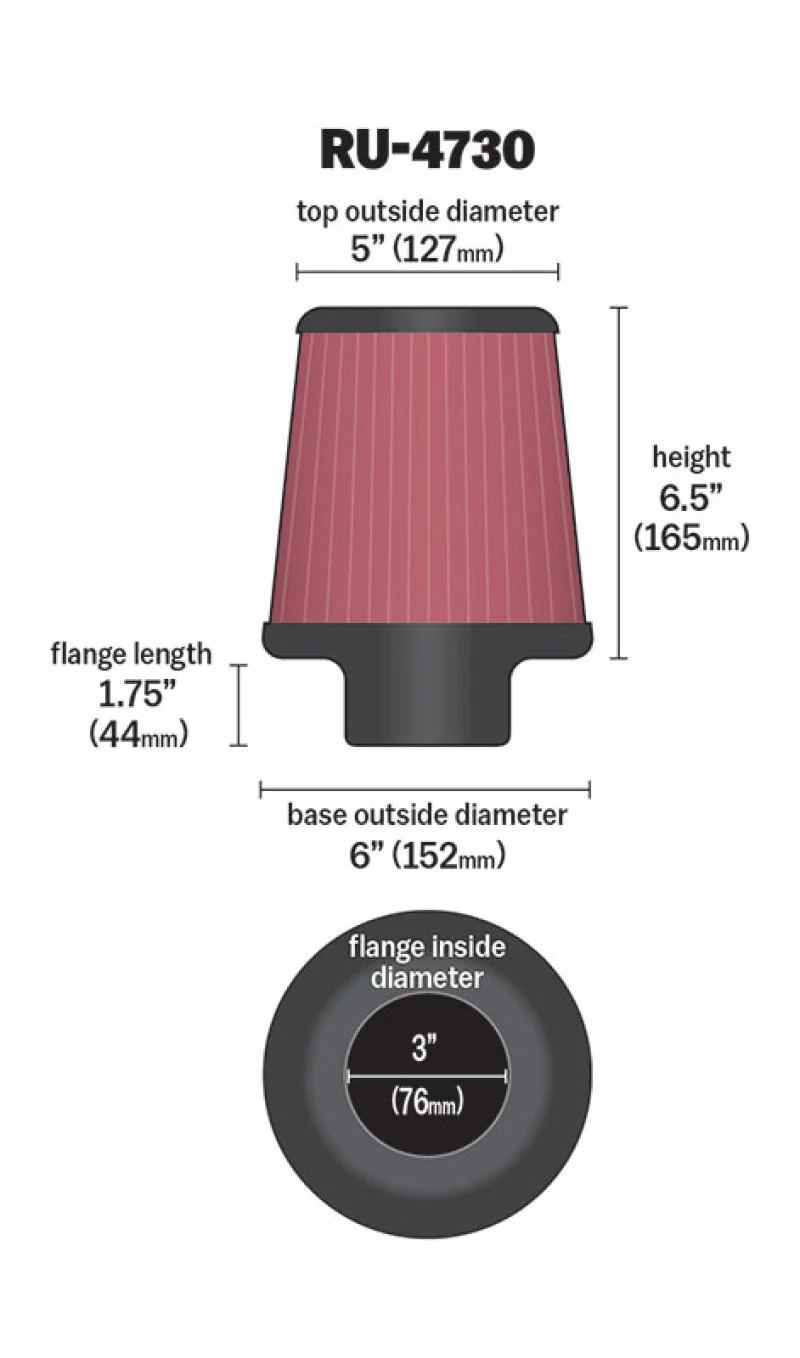 K&N Filter 3 inch Flange 6 inch Base 5 Top 6 1/2 inch Height - Image 7