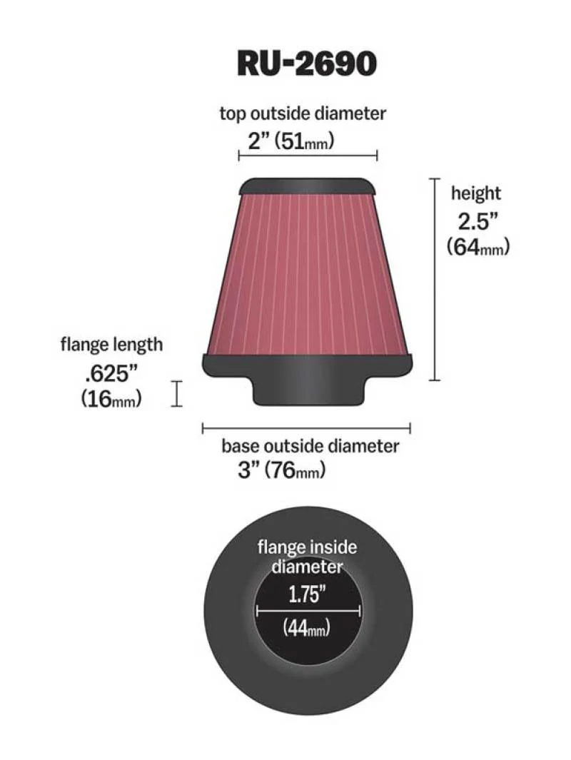 K&N Filter Universal Rubber Filter 1 3/4 inch Flange 3 inch Base 2 inch Top 2.5 inch Height - Image 3