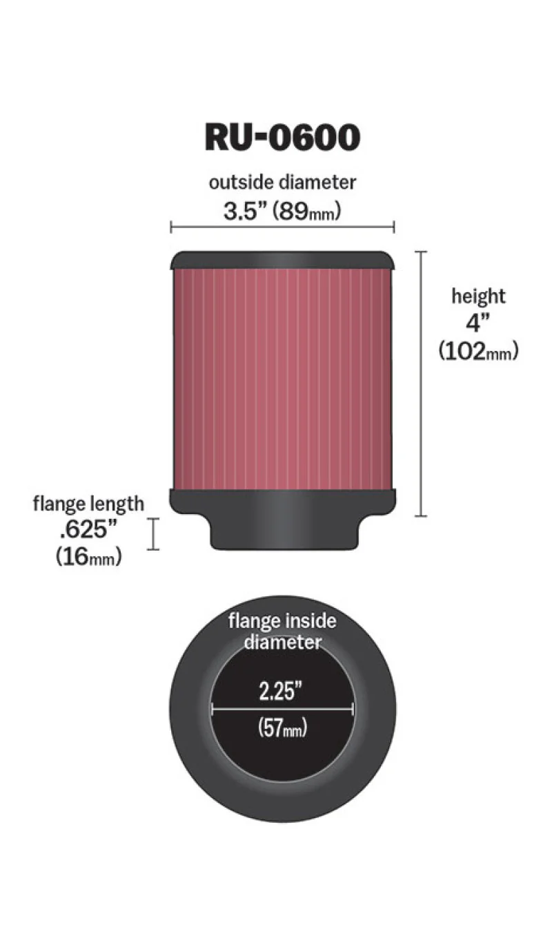 K&N Filter Universal Rubber Filter 2 1/4 inch Flange 3 1/2 inch OD 4 inch Height - Image 2