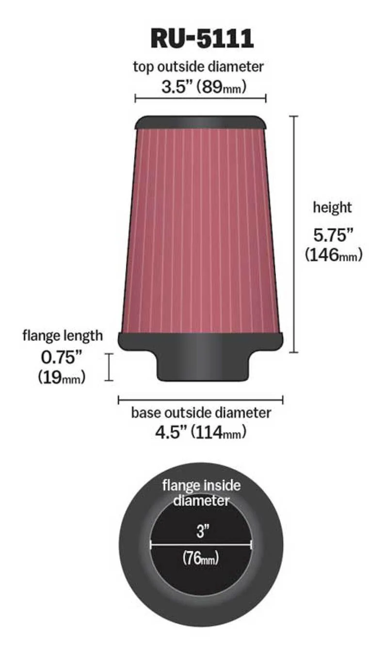 K&N Filter Universal Rubber Filter 3  Flange 4 1/2 Base inch 3 1/2 inch Top 5 3/4 inch Height - Image 5