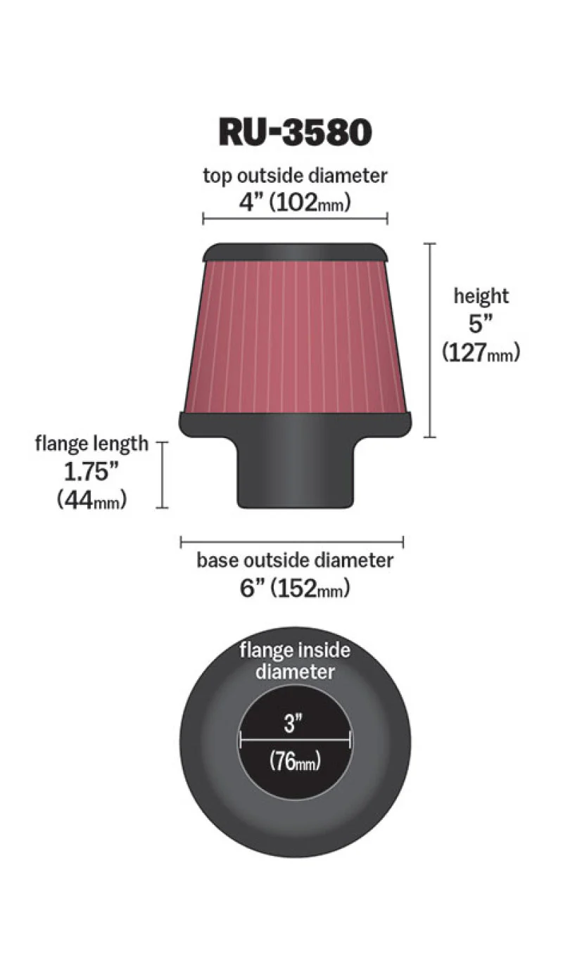 K&N Filter Universal Rubber Filter 3 Inch Flange 6 inch Base 4 inch Top 5 inch Height - Image 12