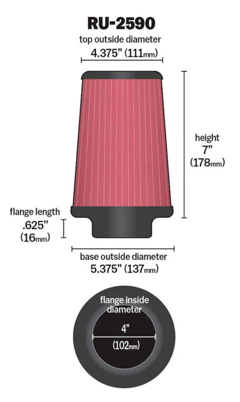 K&N Filter Universal Rubber Filter 4 inch Flange 5 3/8 inch Base 4 3/8 inch Top 7 inch Height - Image 4
