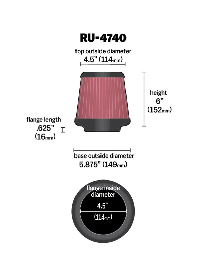 K&N Filter Universal Rubber Filter Round Tapered 4.5in Flange 5.875in Base 4.5 inch Top 6in Height - Image 8