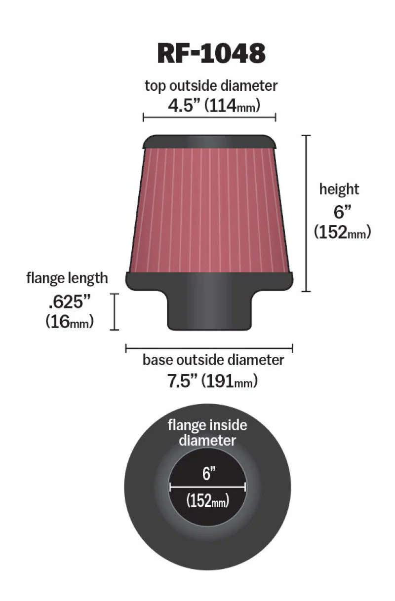 K&N Round Tapered Universal Air Filter 6in Flange ID x 7.5in Base OD x 4.5in Top OD x 6in H - Image 8