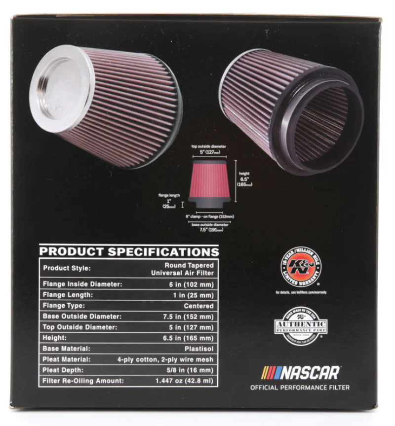 K&N Round Tapered Universal Air Filter 6in Flange ID x 7.5in Base OD x 5in Top OD x 6.5in Height - Image 14