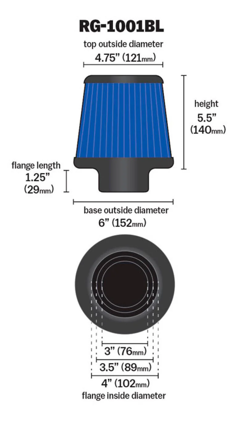 K&N Universal Air Filter Chrome Round Tapered Blue - 4in Flange ID x 1.125in Flange Length x 5.5in H - Image 16