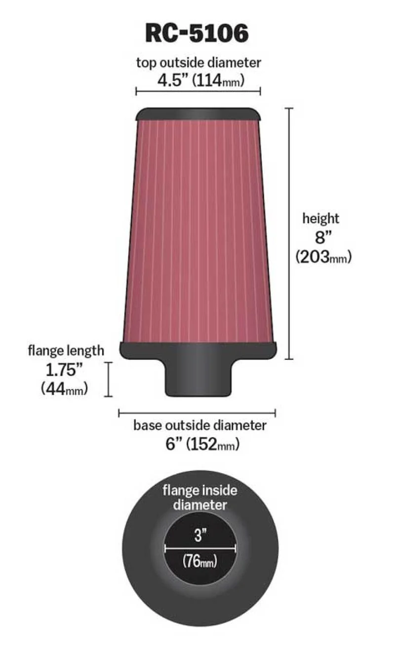 K&N Universal Chrome Round Tapered Air Filter 3in FlangeID / 6in Base OD / 4.5in Top OD / 8in Height - Image 7