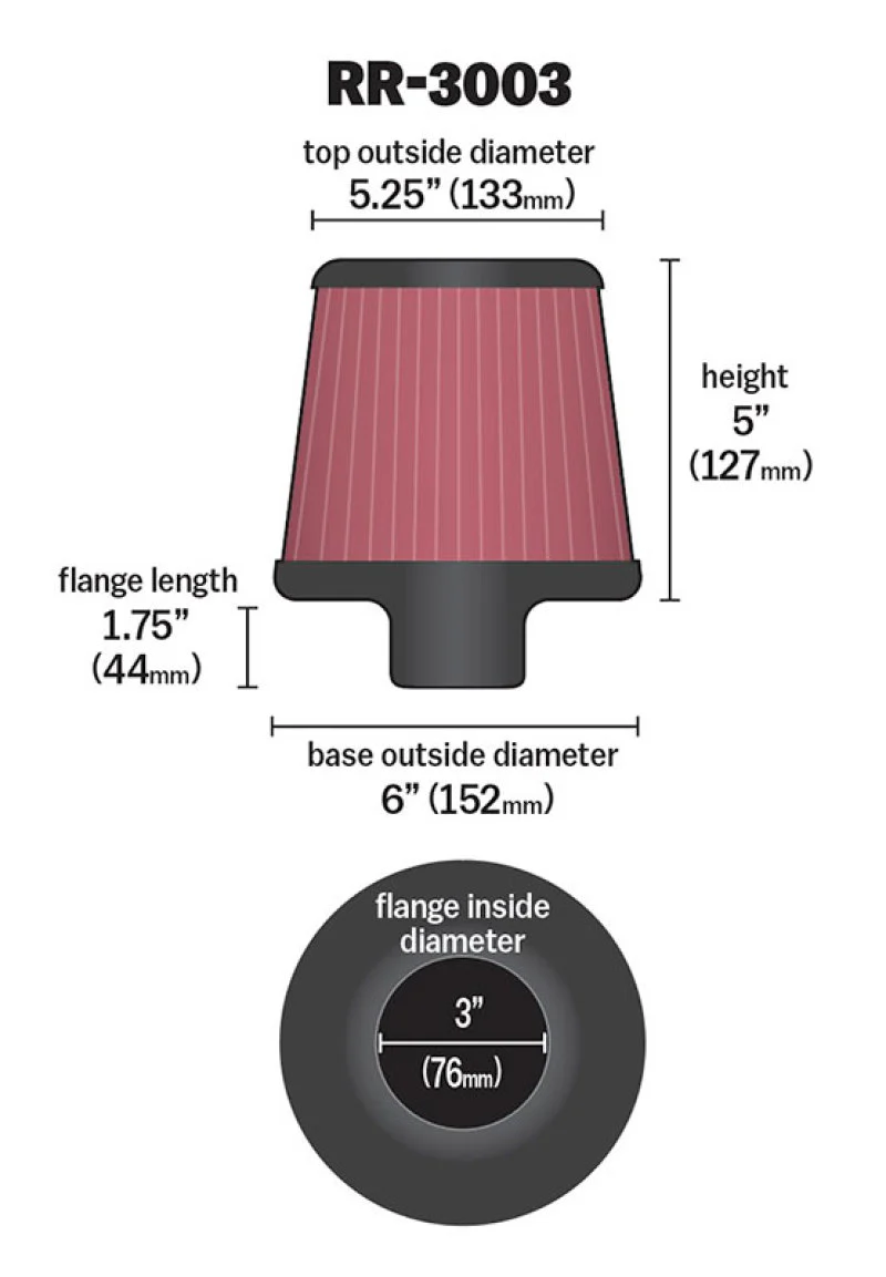 K&N Universal Filter 3 inch Flange 6 inch Base 5 1/4 inch Top 5 inch Height w/ Polished Top - Image 3