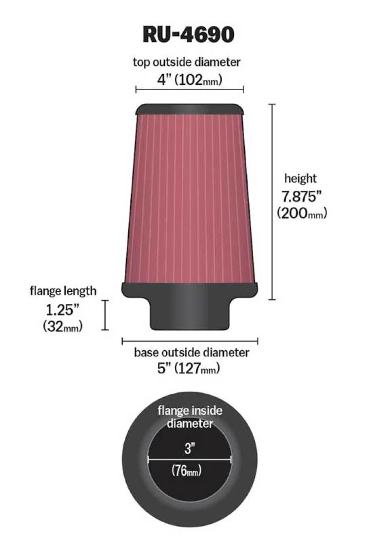 K&N Universal Round Tapered Filter 3 inch FLG / 5 inch Bottom / 4 inch Top / 7 7/8 inch Height - Image 11