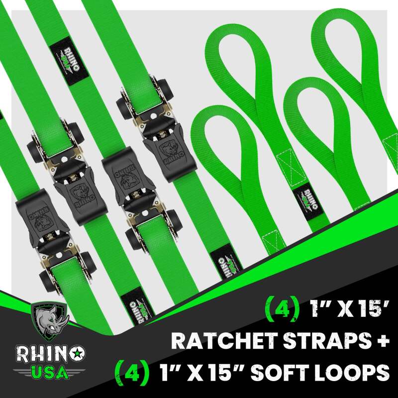 Rhino USA Medium Duty Ratchet Strap Tie-Down 4-Pack (Green) - Image 2