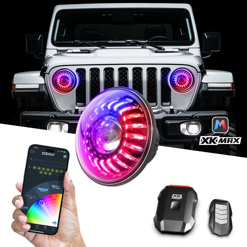 XK Glow 07-18 Jeep Wrangler JK 7in Headlight XKmax RGBW LED 2pc XKchrome Bluetooth App Cntl Kit - Image 2