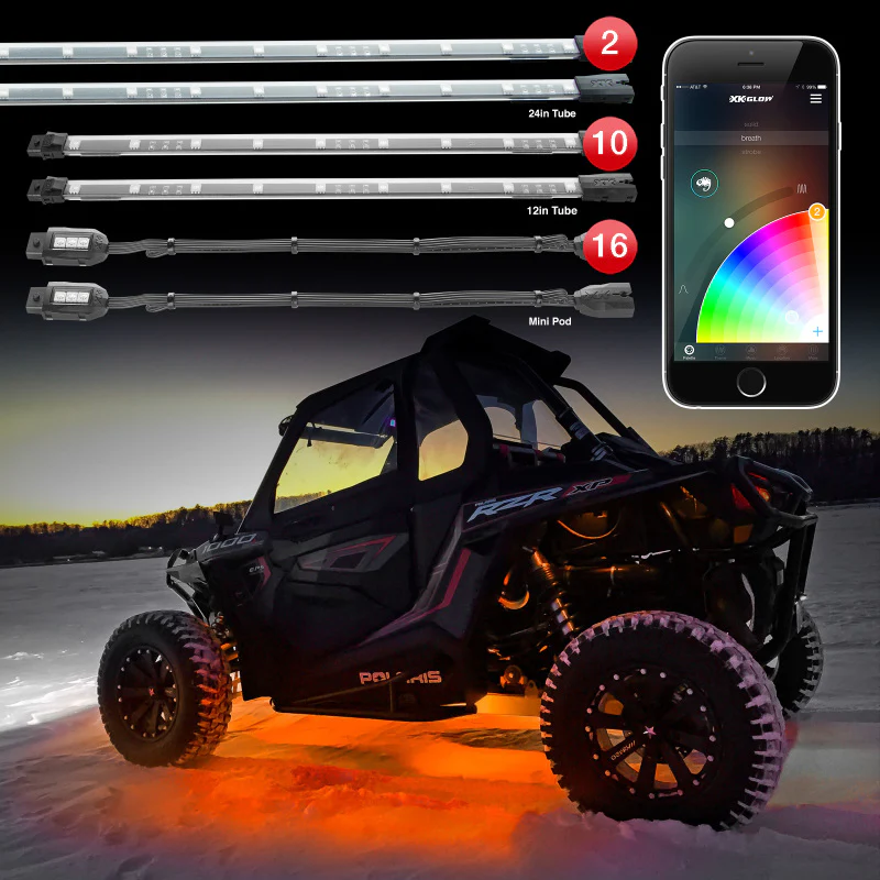 XK Glow Million Color XKCHROME App Controlled Offroad UTV Kit 2x24In Tube + 10x12In Tube + 16xPods - Image 2